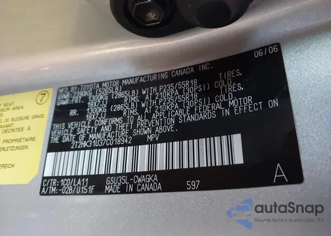 2007 Lexus Rx 350 z USA, uszkodzony, nr VIN 2T2HK31U37C018942